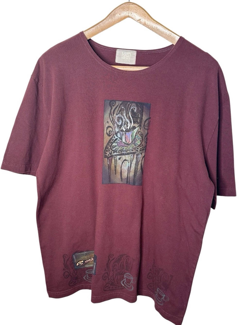 Vintage Blue Fish Hand Painted Organic Cotton T-shirt Abstract Coffee Art